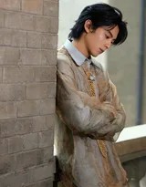 王鹤棣身着浅棕晕染衬衫侧身而立，光影勾勒出他清晰的下颌线与专注神情，仿佛在聆听旧日私语