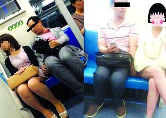 地铁车厢监控视角下，一名着正装的男子刻意贴近邻座女乘客，手臂位置可疑